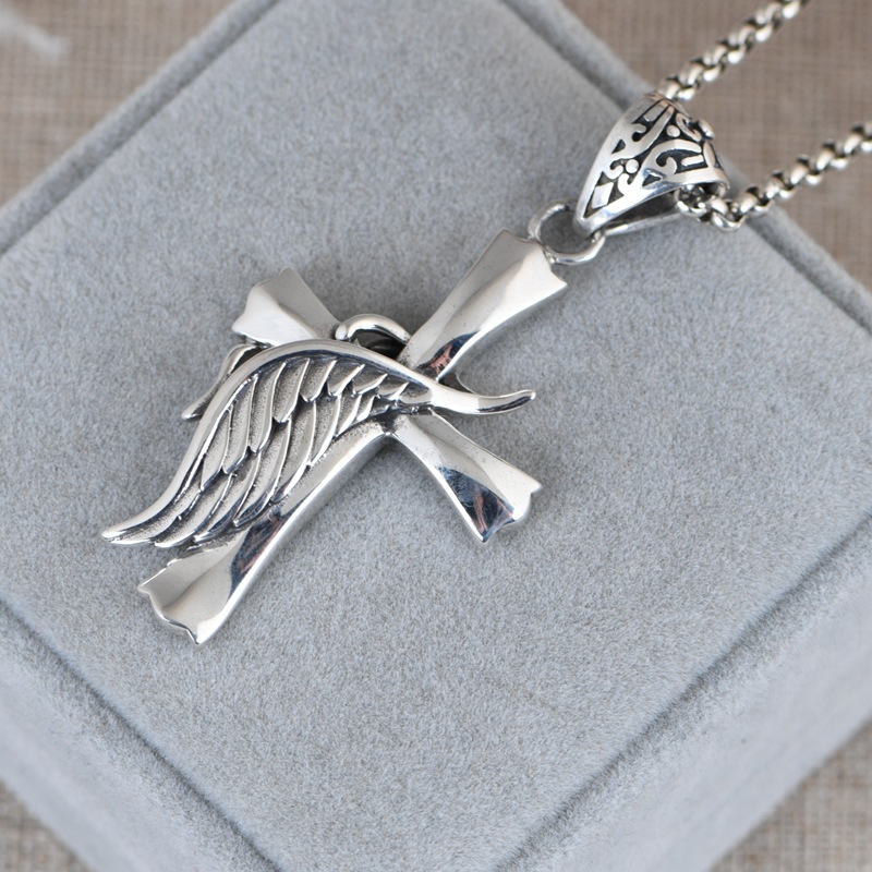 22 Inch Sterling Silver Cross Pendant Necklace with Angel Wing – Men’s 22 Inch Silver Chain Jewelry