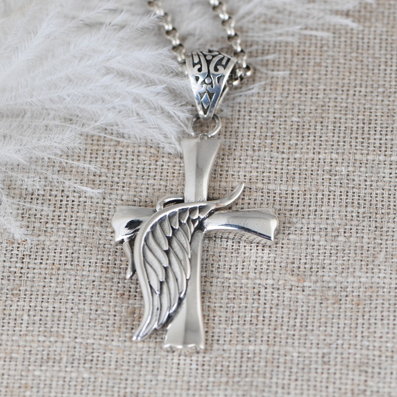 22 Inch Sterling Silver Cross Pendant Necklace with Angel Wing – Men’s 22 Inch Silver Chain Jewelry
