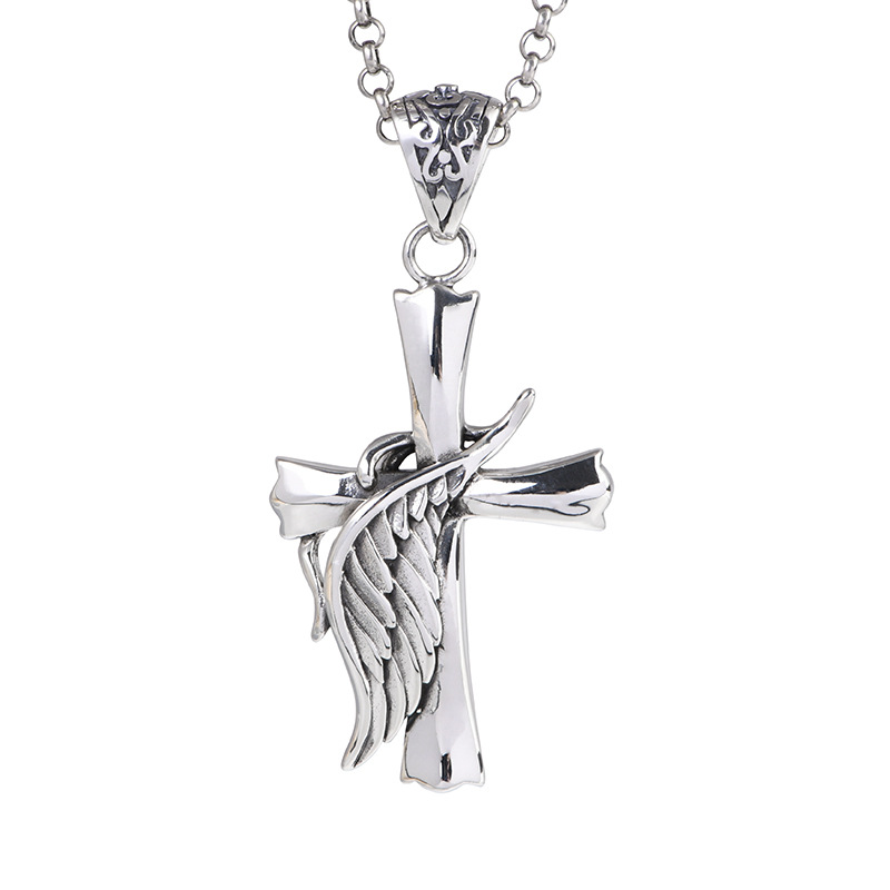 22 Inch Sterling Silver Cross Pendant Necklace with Angel Wing – Men’s 22 Inch Silver Chain Jewelry