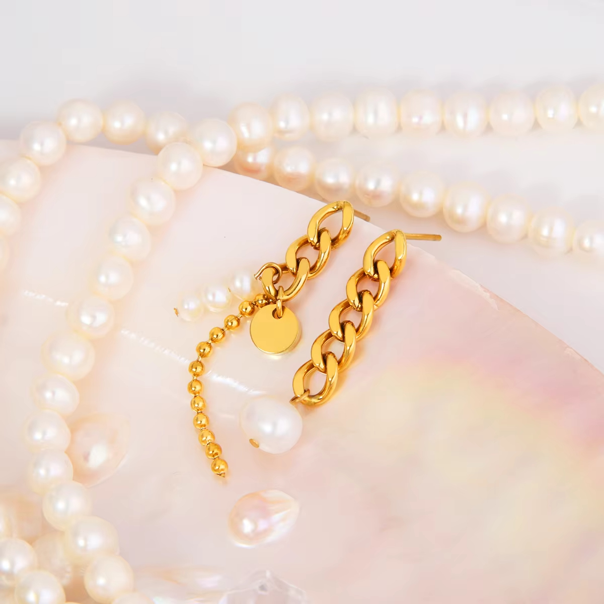 316L Stainless Steel Asymmetrical Tassel Natural Pearl Earrings Beads Drop Earrings for Women