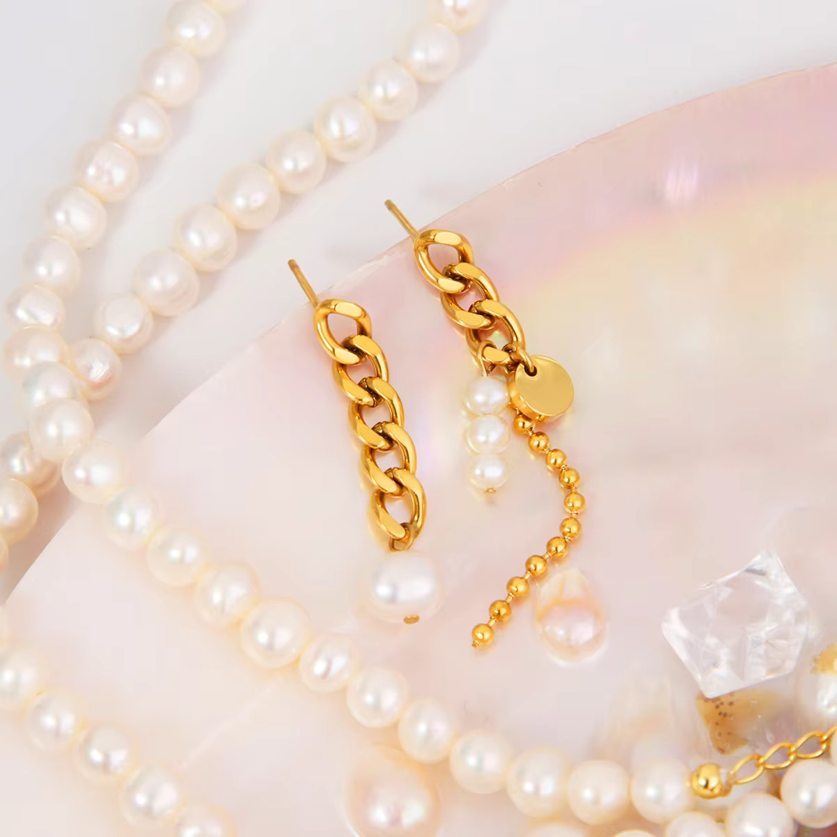 316L Stainless Steel Asymmetrical Tassel Natural Pearl Earrings Beads Drop Earrings for Women