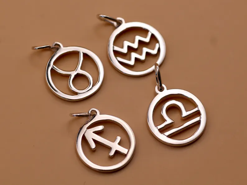 Sterling Silver Zodiac Charm Pendant | Horoscope Jewellery | 12mm | With Jump Ring | Astrology Finding
