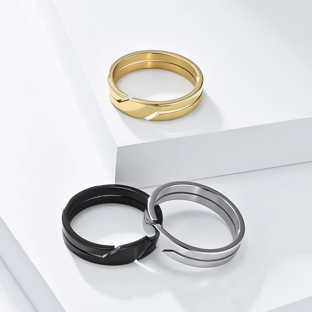 6mm Geometric Cut Stainless Steel Ring – Silver, Gold, Black | Wave Modern Finger Jewelry for Men & Women