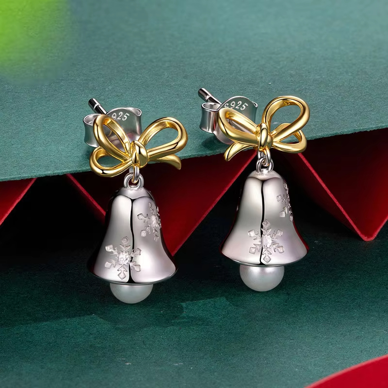 925 Sterling Silver Christmas Bell Earrings with Snowflake and Pearl Pendant – Festive Holiday Jewelry for Women