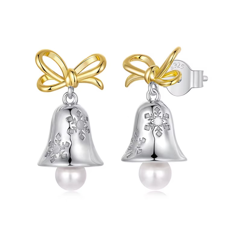 925 Sterling Silver Christmas Bell Earrings with Snowflake and Pearl Pendant – Festive Holiday Jewelry for Women