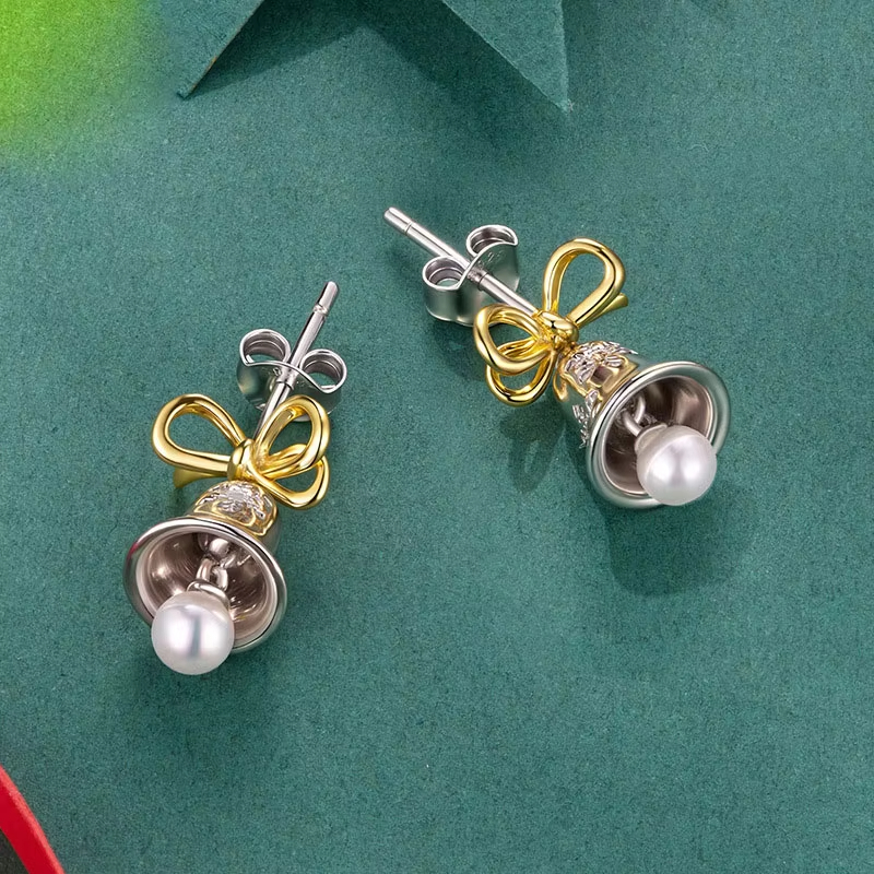 925 Sterling Silver Christmas Bell Earrings with Snowflake and Pearl Pendant – Festive Holiday Jewelry for Women