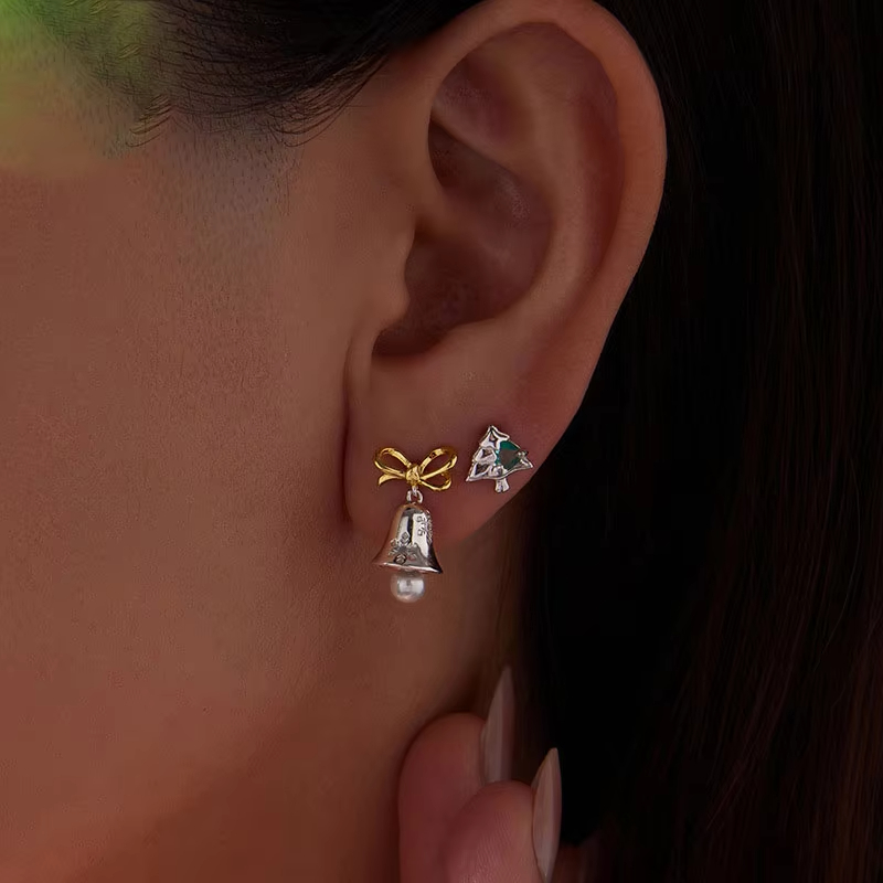 925 Sterling Silver Christmas Bell Earrings with Snowflake and Pearl Pendant – Festive Holiday Jewelry for Women
