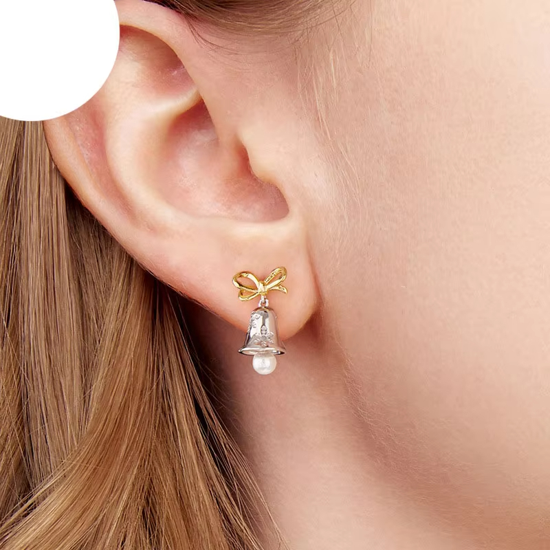 925 Sterling Silver Christmas Bell Earrings with Snowflake and Pearl Pendant – Festive Holiday Jewelry for Women