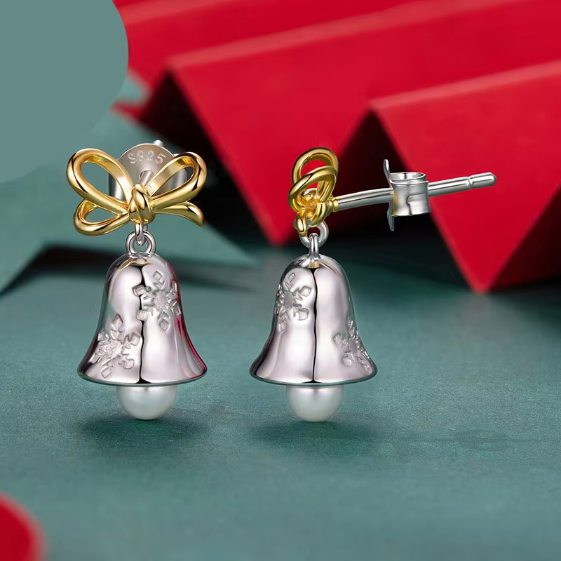 925 Sterling Silver Christmas Bell Earrings with Snowflake and Pearl Pendant – Festive Holiday Jewelry for Women