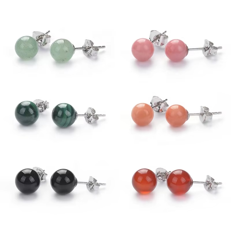 925 Sterling Silver Jewelry 8mm Carnelian Malachite Amethyst Crystal Round Ball Natural Stone Stud Earrings