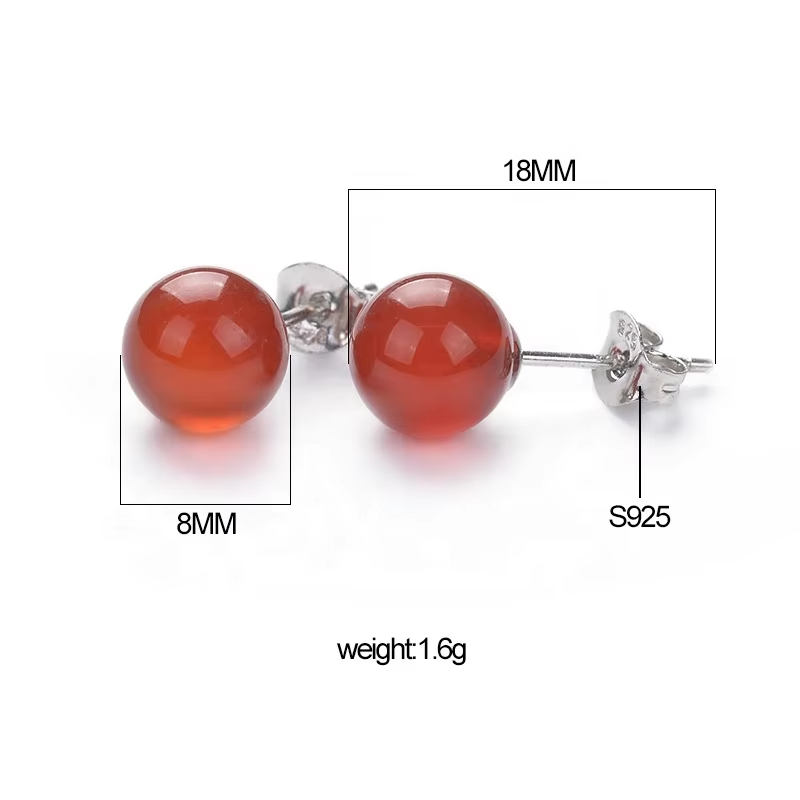 925 Sterling Silver Jewelry 8mm Carnelian Malachite Amethyst Crystal Round Ball Natural Stone Stud Earrings