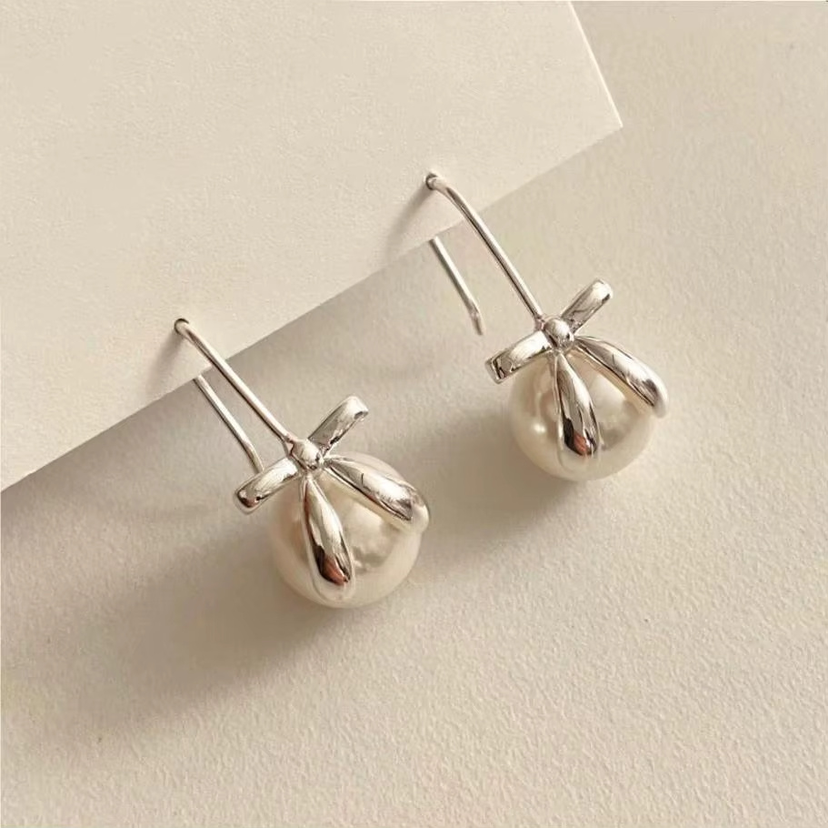 925 Sterling Silver Jewelry Shell Bead Bow Earrings 18k Gold Plated Earring for Women Dropshipping Wholesale