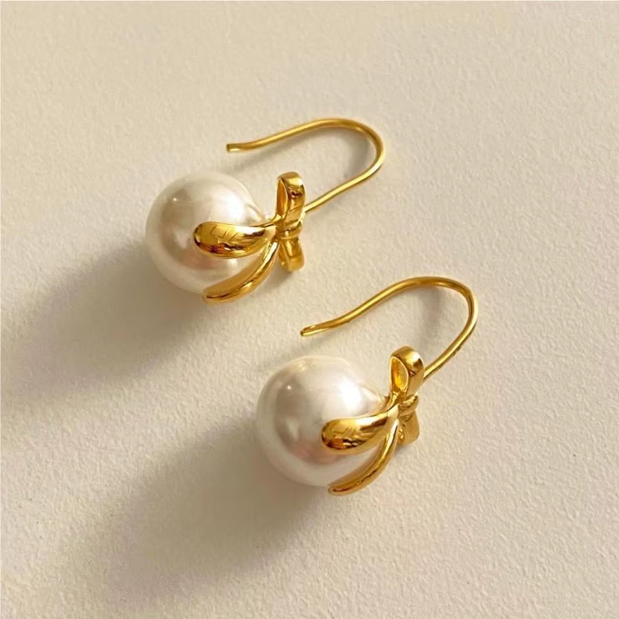 925 Sterling Silver Jewelry Shell Bead Bow Earrings 18k Gold Plated Earring for Women Dropshipping Wholesale