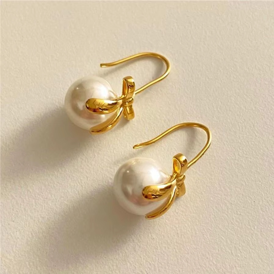 925 Sterling Silver Jewelry Shell Bead Bow Earrings 18k Gold Plated Earring for Women Dropshipping Wholesale
