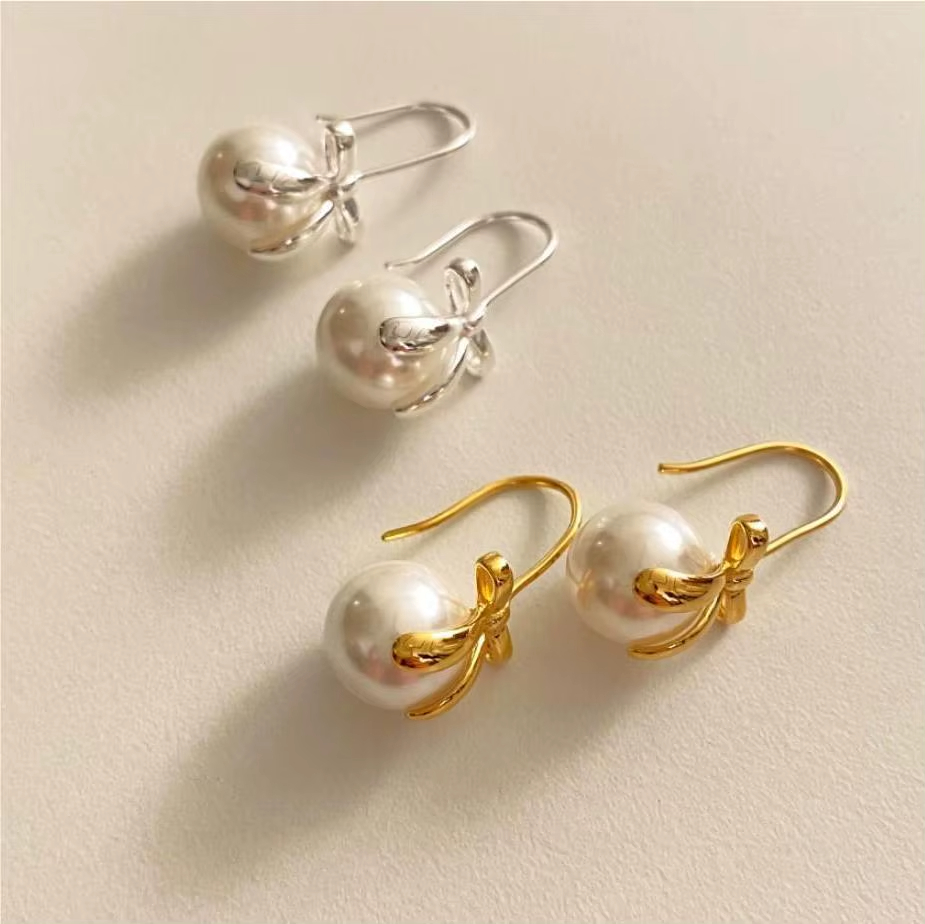 925 Sterling Silver Jewelry Shell Bead Bow Earrings 18k Gold Plated Earring for Women Dropshipping Wholesale