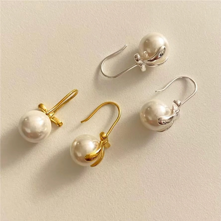 925 Sterling Silver Jewelry Shell Bead Bow Earrings 18k Gold Plated Earring for Women Dropshipping Wholesale