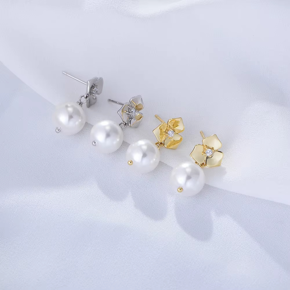 925 Sterling Silver Romantic Heart Flower Earrings Zircon Pearl Drop Gold Plated Pearl Hoop for Parties Gifts Engagement Wedding