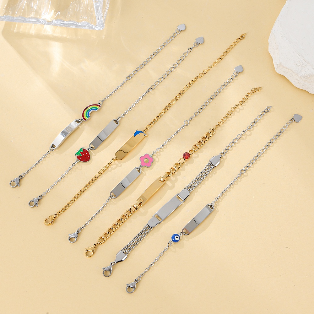Aceon Velle Stainless Steel 15cm Length Figaro Link Chain Custom Logo Sign Enamel Fruit Rainbow Birthstone ID Bar Bracelet