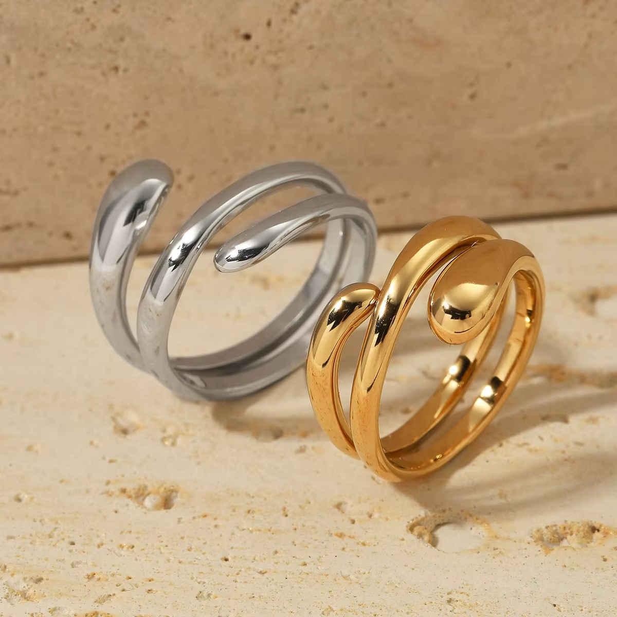 Adjustable Chunky Geometric Stainless Steel Ring – 18K Gold & Silver Plated Fashion Jewelry