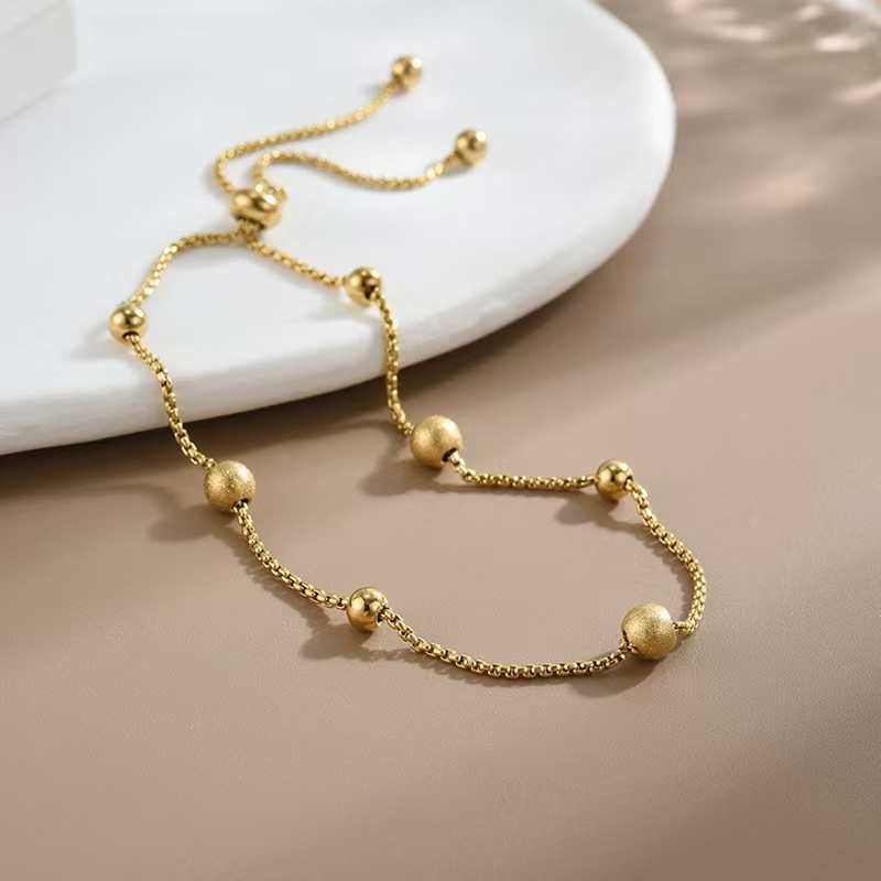 Adjustable Gold Beaded Bracelet for Women - Matte & Polished Dual Texture Balls on Box Chain - Minimalist Elegant Jewelry Gift