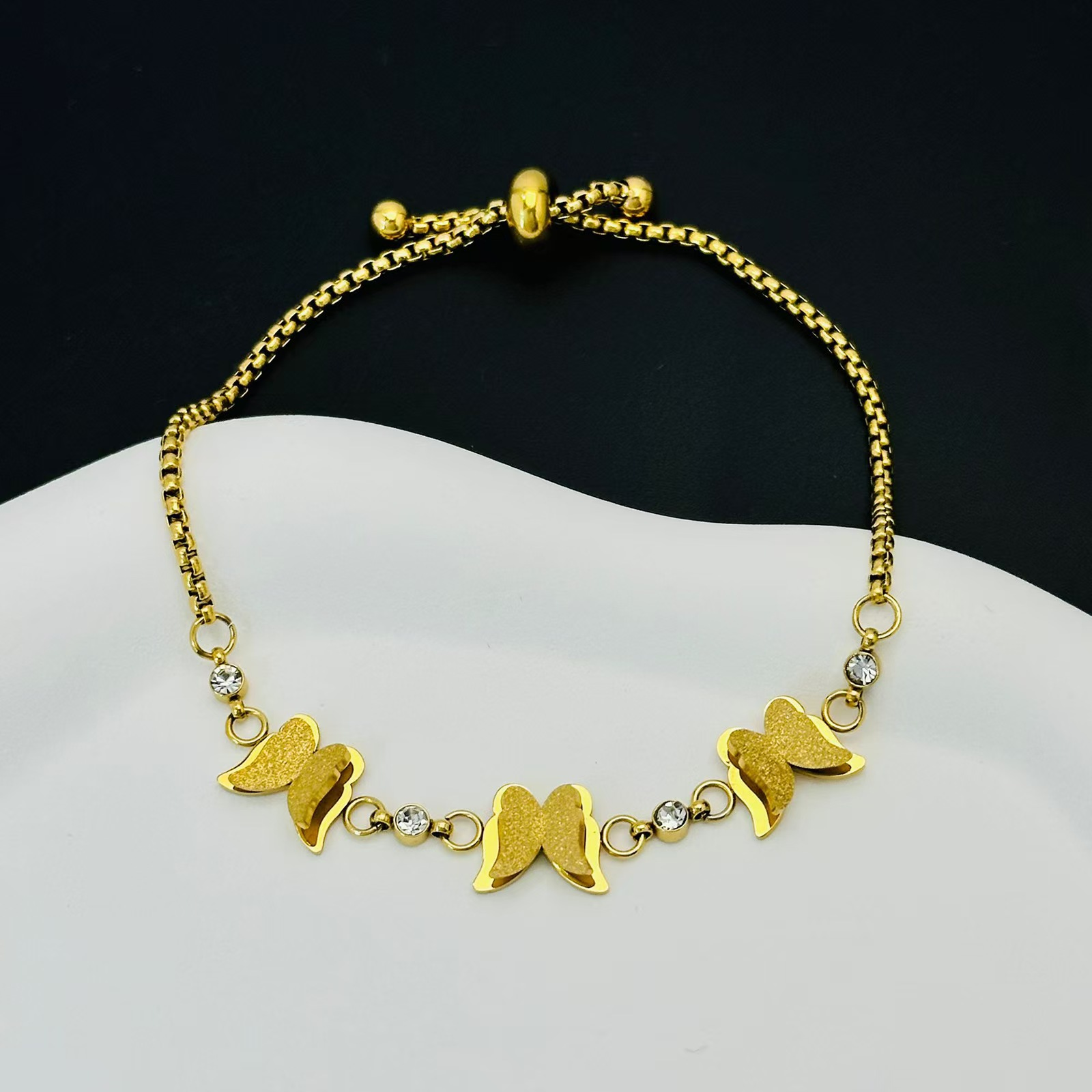 Adjustable Gold Butterfly Bracelet for Women with Zircon Accents - Stainless Steel Box Chain Jewelry, Dainty Layered Charm Bracelet