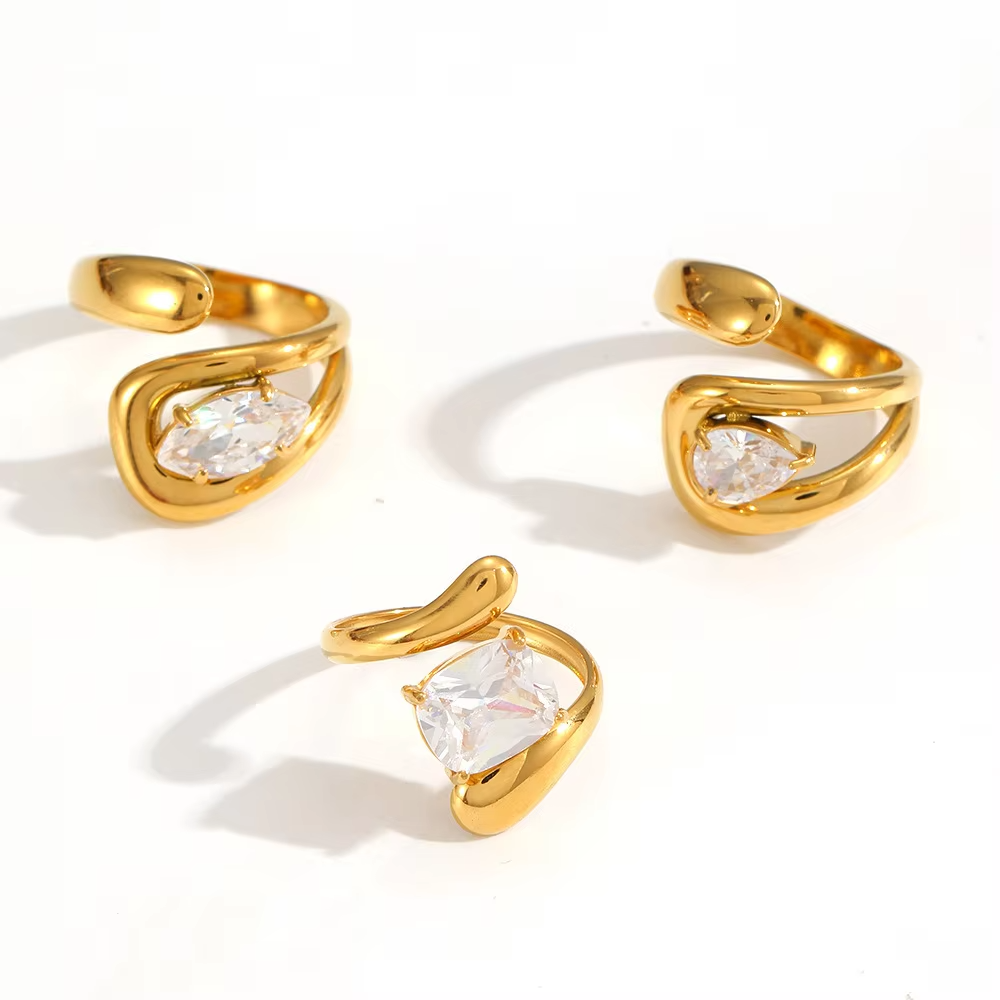 Adjustable Stainless Steel Teardrop Open Ring – 18K Gold & Silver Titanium Finish Women's Fashion Jewelry