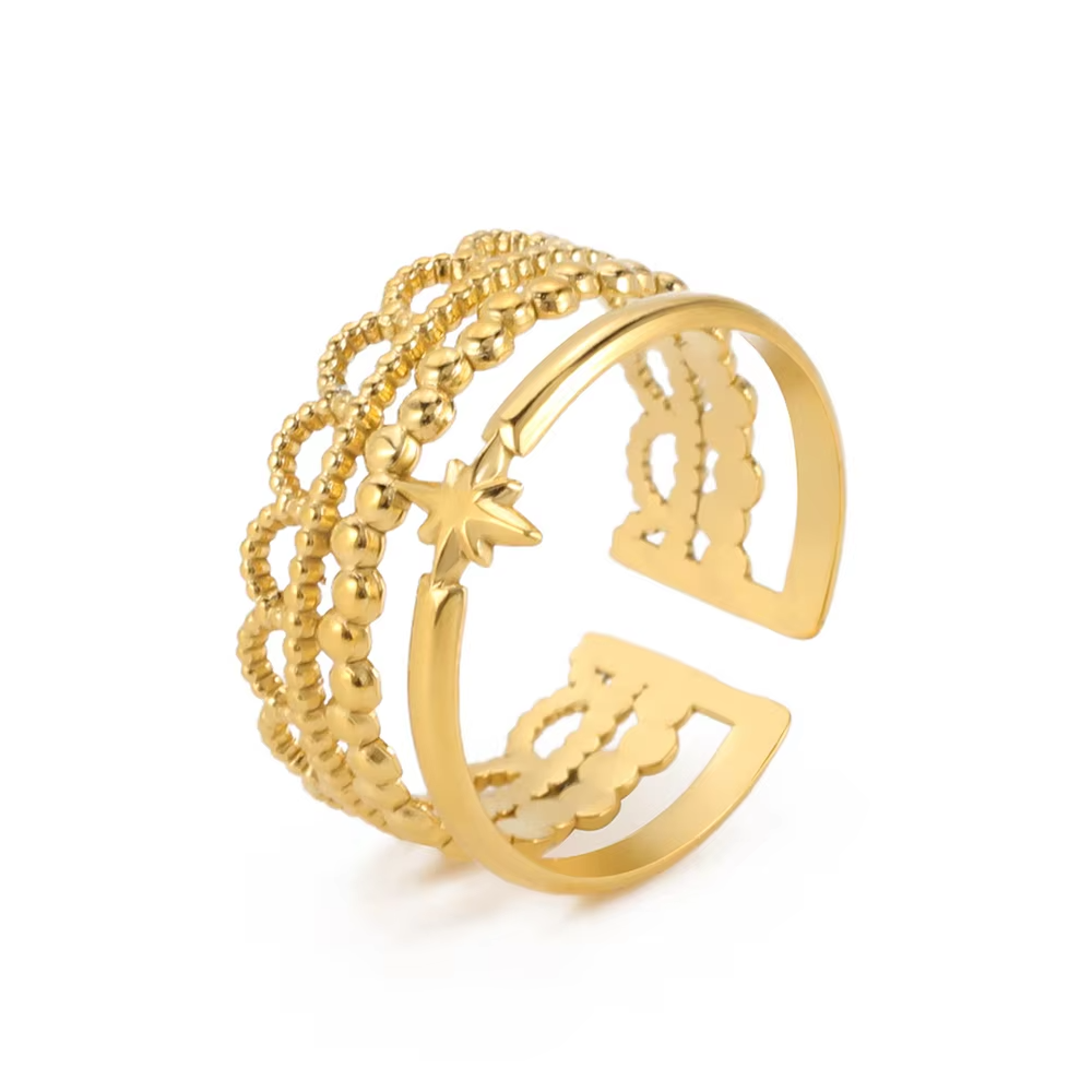 Adjustable Stainless Steel Triple Row Ring – Star Lace Beaded Design in Silver & Gold