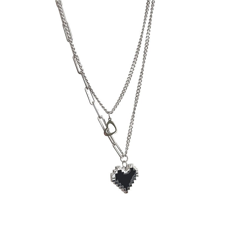 Layered Titanium Steel Pixel Heart Pendant Necklace – Trendy Double Chain Style