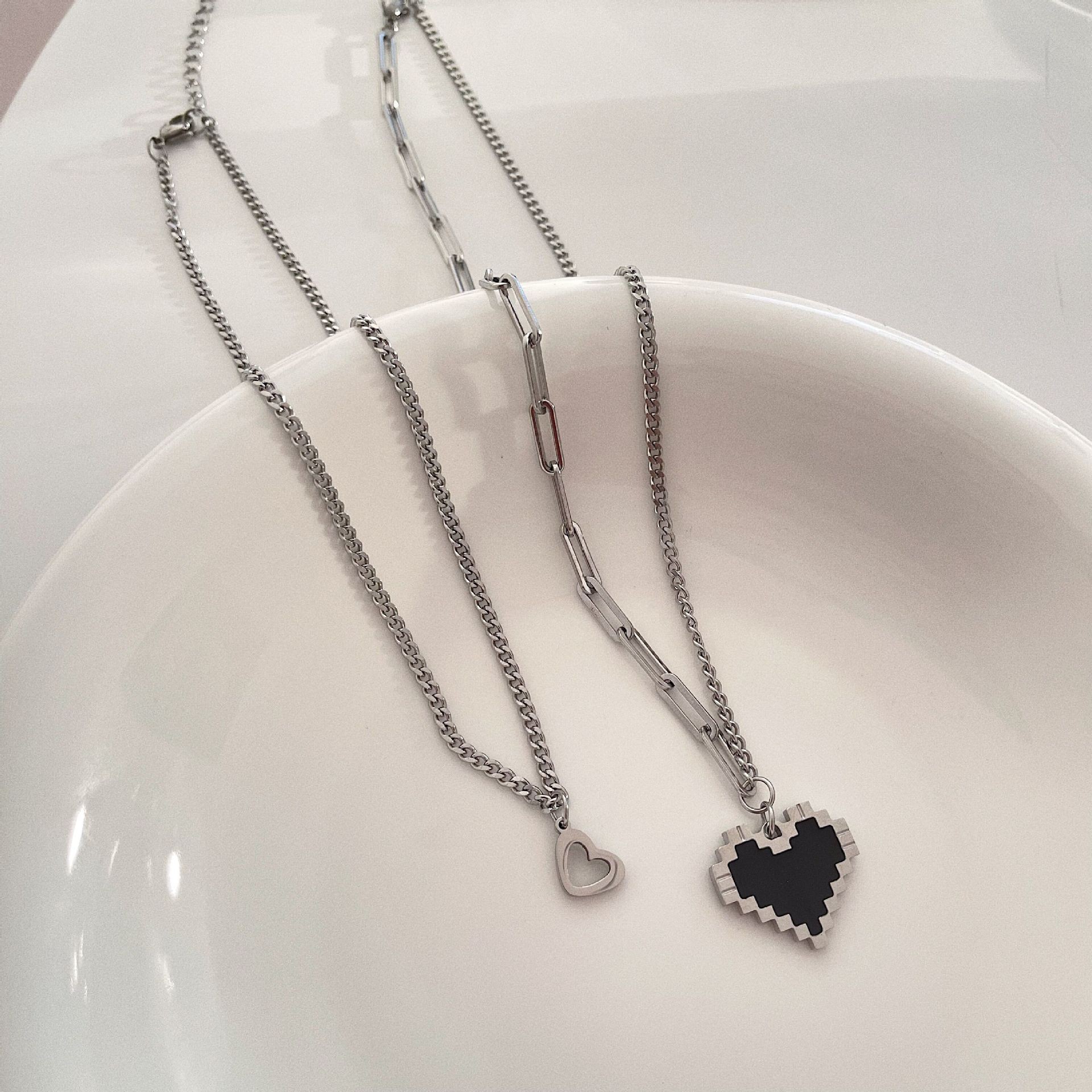 Layered Titanium Steel Pixel Heart Pendant Necklace – Trendy Double Chain Style