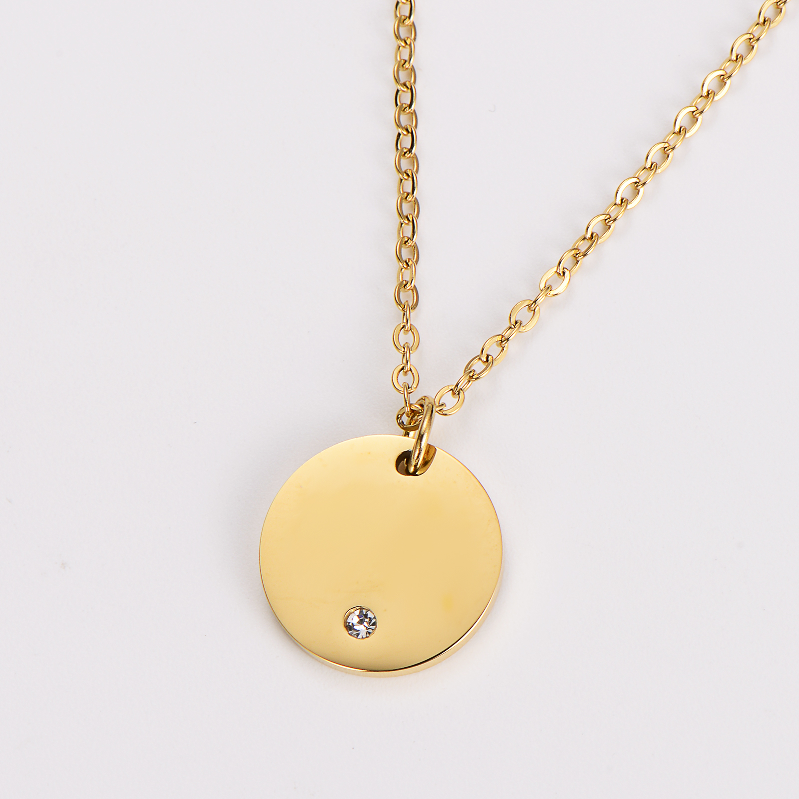Blank Jewelry Custom Engraved Dainty Tiny Coin One Zircon Stainless Steel 18k Gold Plated Necklace Circle Disc