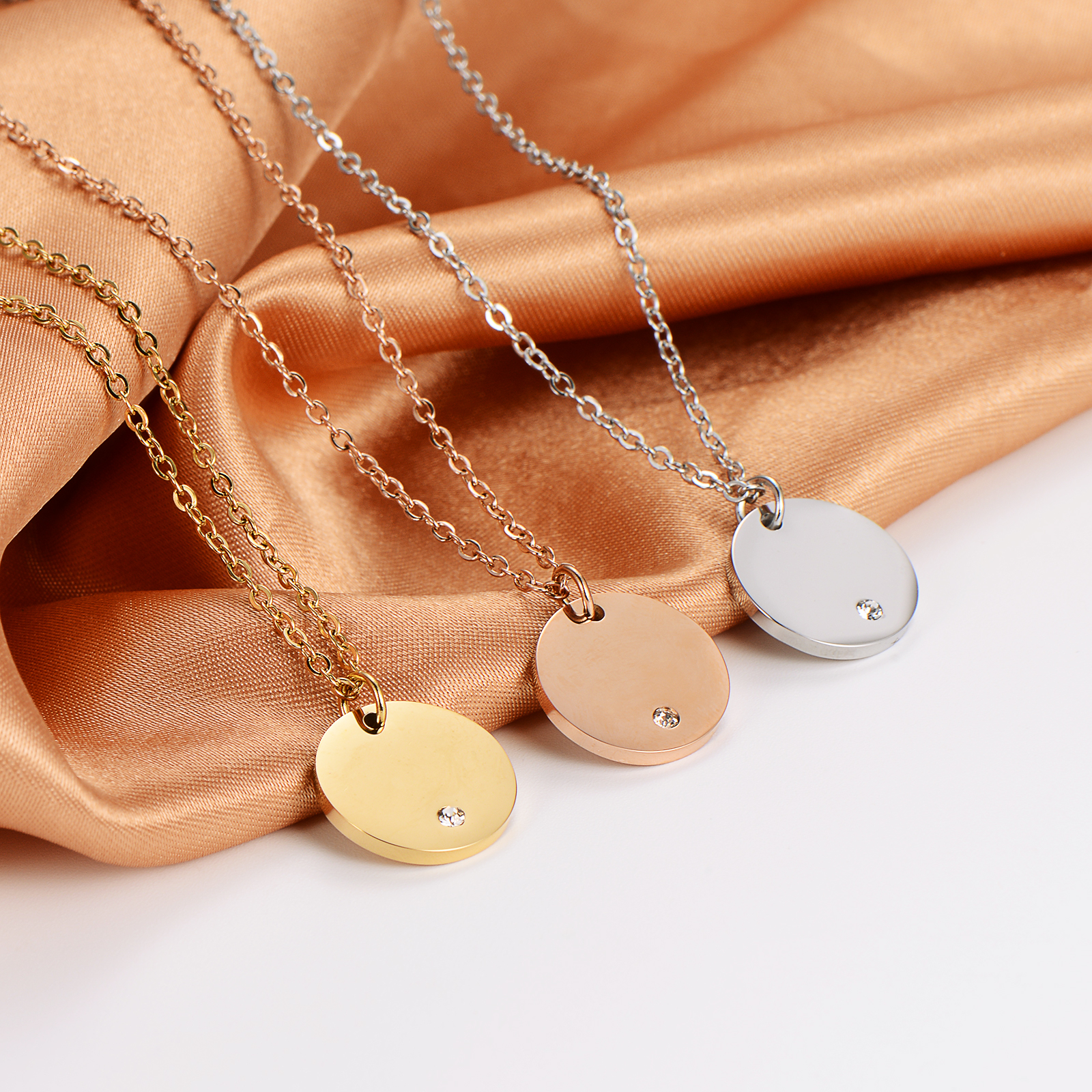 Blank Jewelry Custom Engraved Dainty Tiny Coin One Zircon Stainless Steel 18k Gold Plated Necklace Circle Disc