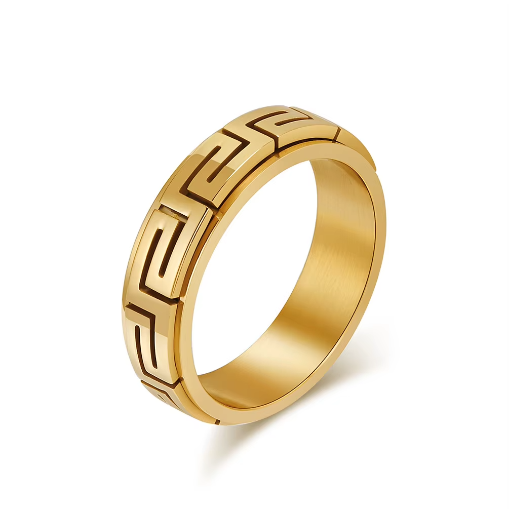 Bold Greek Key Pattern Adjustable Ring – Gold and Silver Stainless Steel Open Band Fashion Jewelry for Men and Women