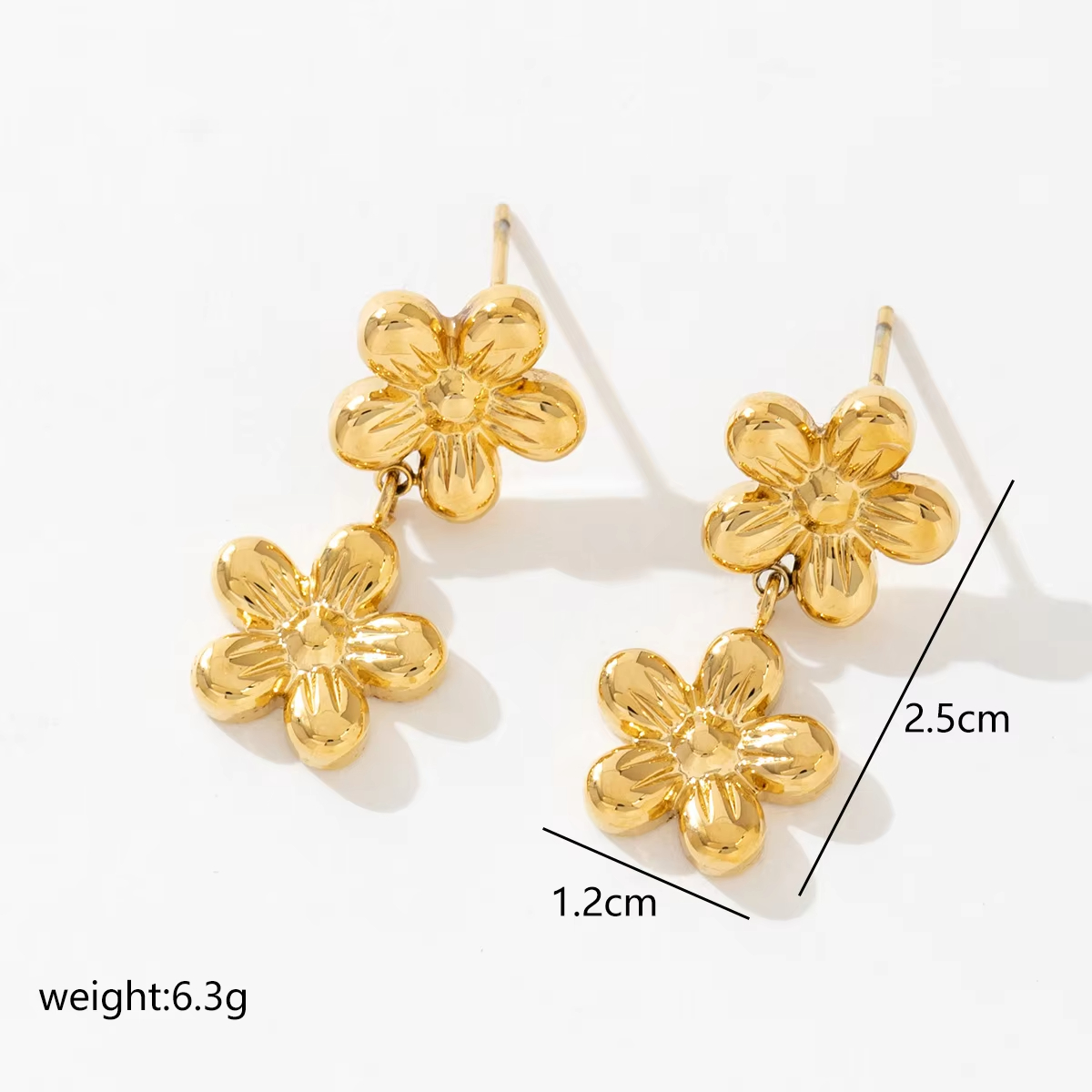 Boutique Women's Jewelry Cute Double Flower Drop Dangle Earrings Waterproof Hypoallergenic 18K Gold Plated Chain Earrings