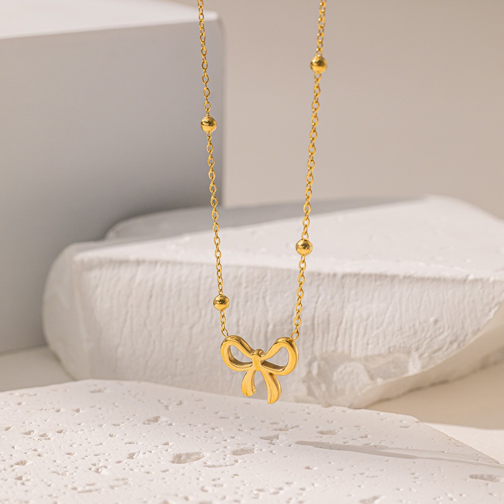 Elegant Gold Bow Pendant Necklace for Women - Titanium Steel Dainty Jewelry