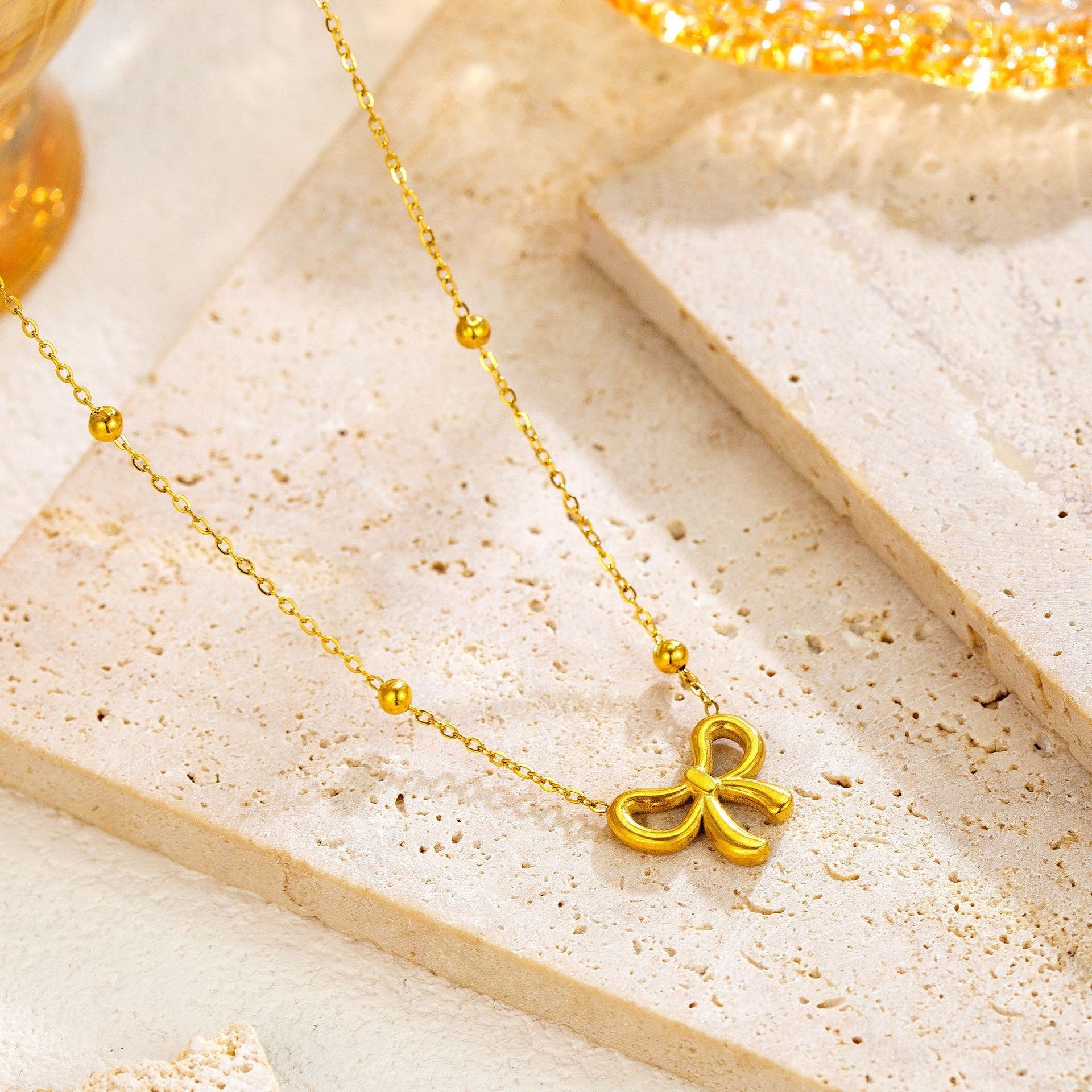 Elegant Gold Bow Pendant Necklace for Women - Titanium Steel Dainty Jewelry