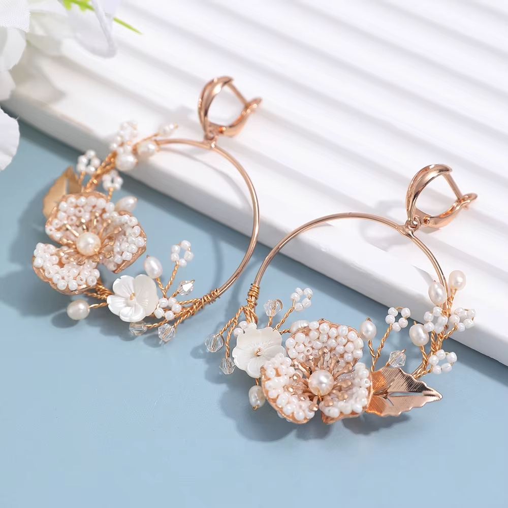 Bridal Circle Beaded Earrings Flower Handmade Hoop Earrings
