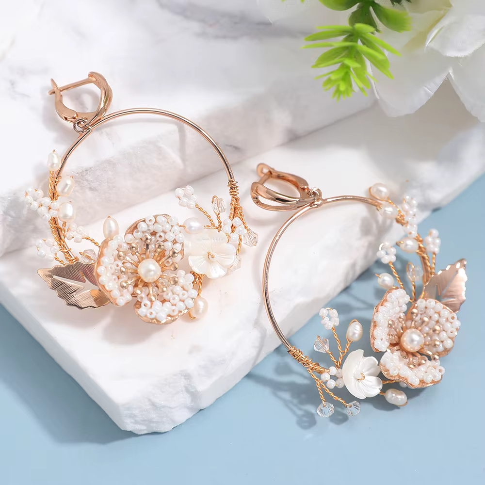 Bridal Circle Beaded Earrings Flower Handmade Hoop Earrings