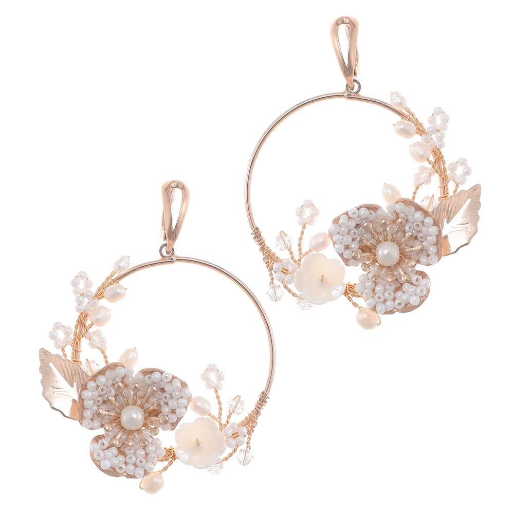Bridal Circle Beaded Earrings Flower Handmade Hoop Earrings