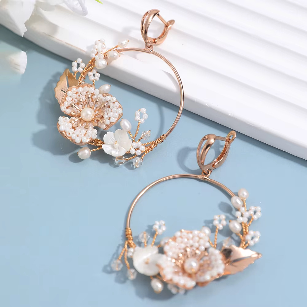 Bridal Circle Beaded Earrings Flower Handmade Hoop Earrings