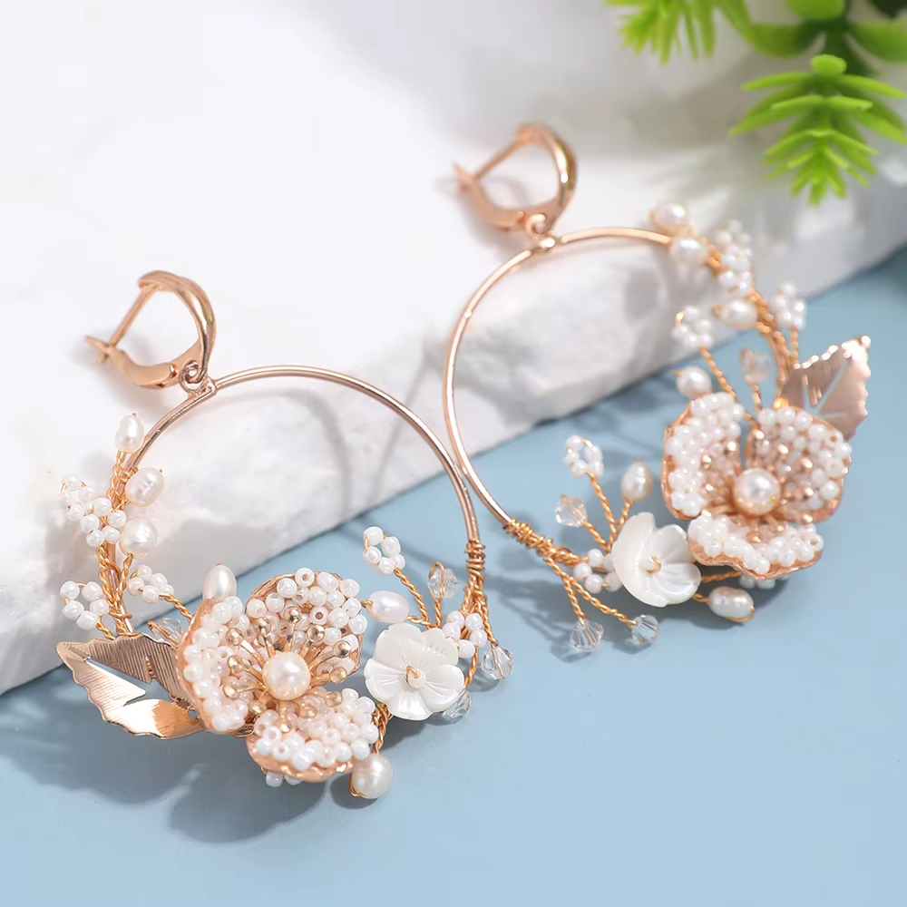 Bridal Circle Beaded Earrings Flower Handmade Hoop Earrings