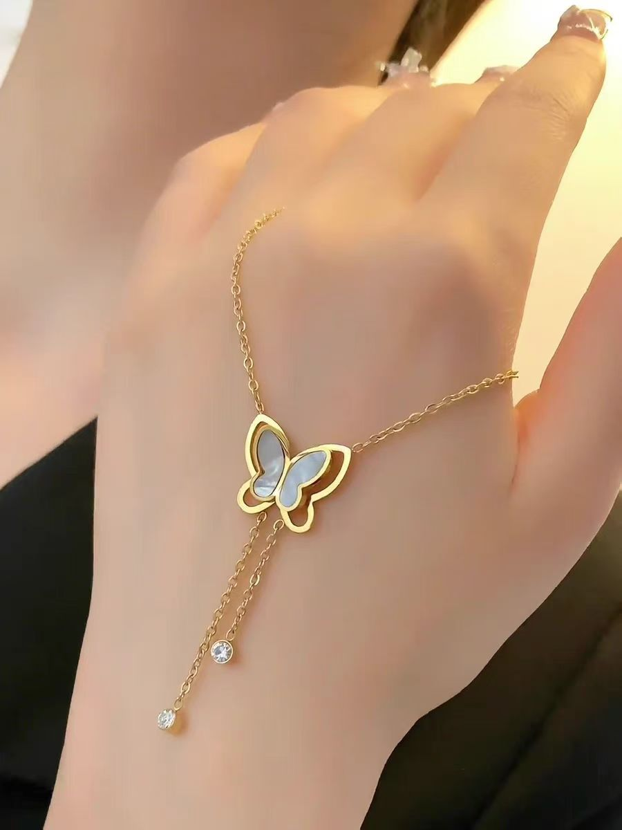 Butterfly Pendant Chain Jewelry with Tassel Crystals – Elegant Gold Bracelet Necklace for Women