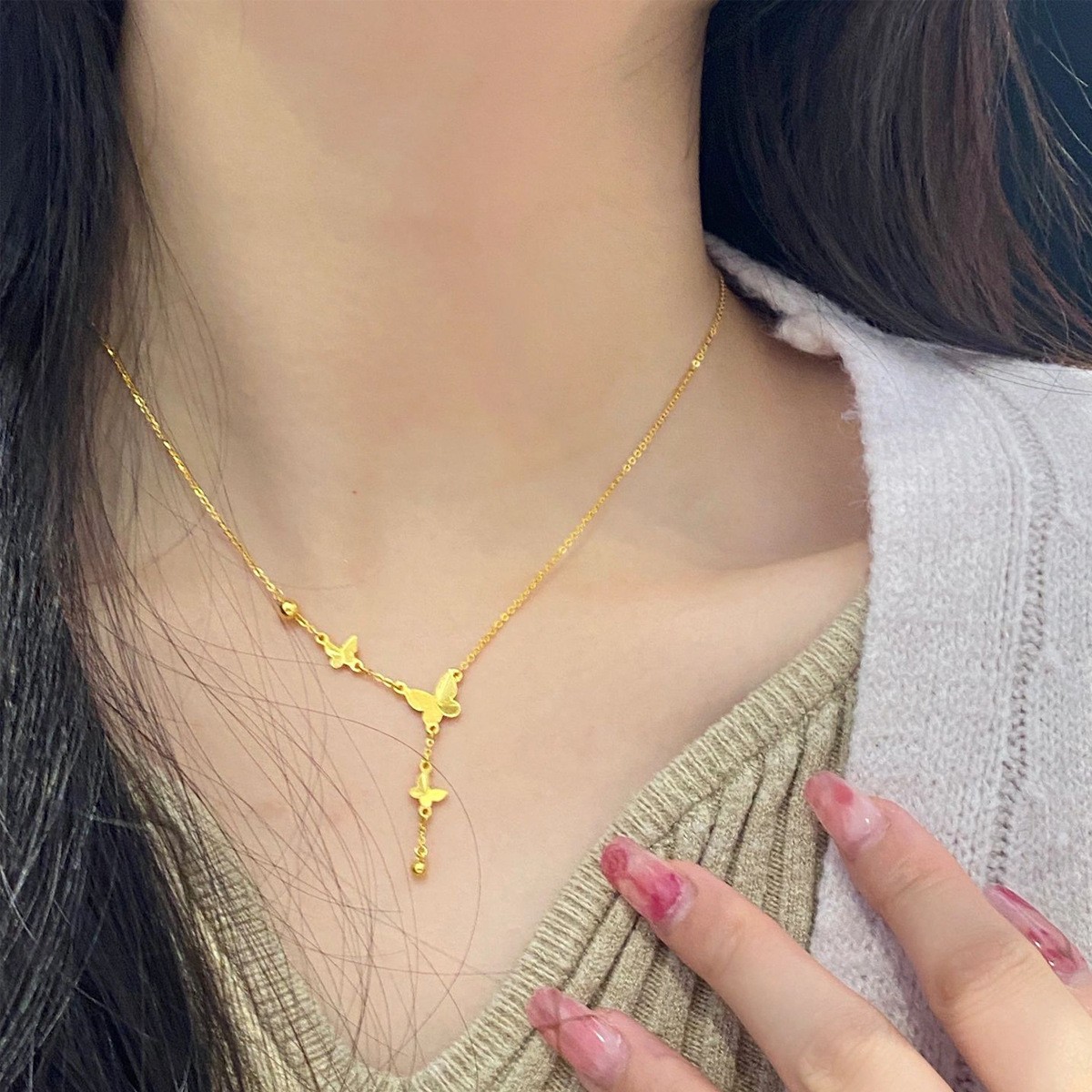 Romantic Gold Butterfly Y Pendant Necklace for Women – Titanium Steel Jewelry