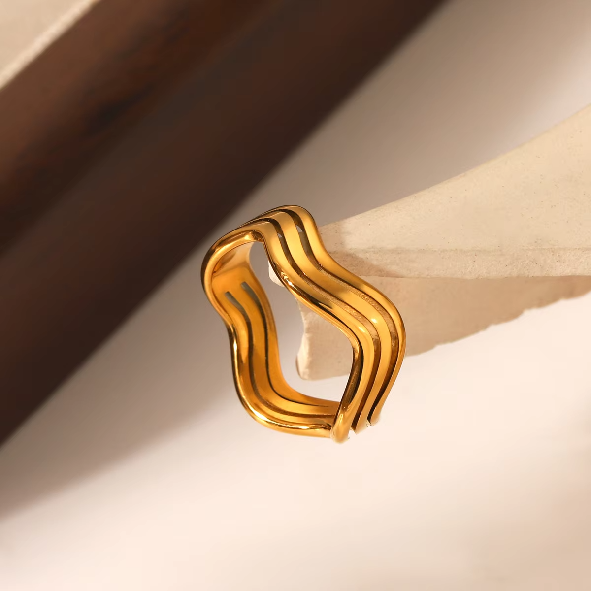 Charm 18K Gold Plated Multilayer Hollow Wave Ring – Stainless Steel Fashion Jewelry