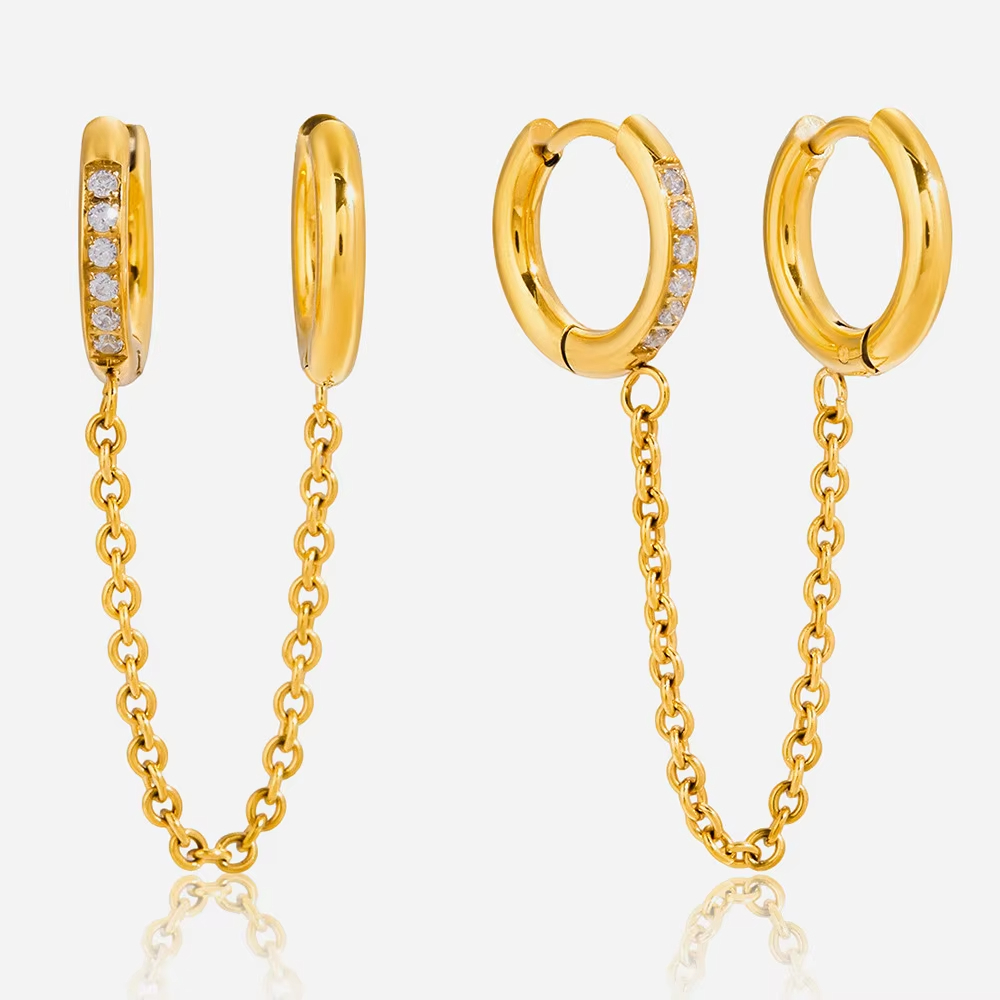 Classic 18K Gold Stainless Steel Zircon Double-Ring Tassel Earrings Trendy Heart-Shaped Earring Accessory Light Luxury High-End