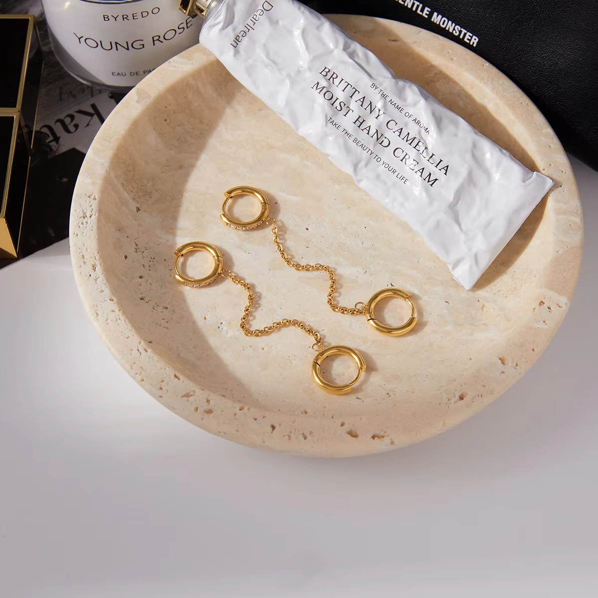 Classic 18K Gold Stainless Steel Zircon Double-Ring Tassel Earrings Trendy Heart-Shaped Earring Accessory Light Luxury High-End