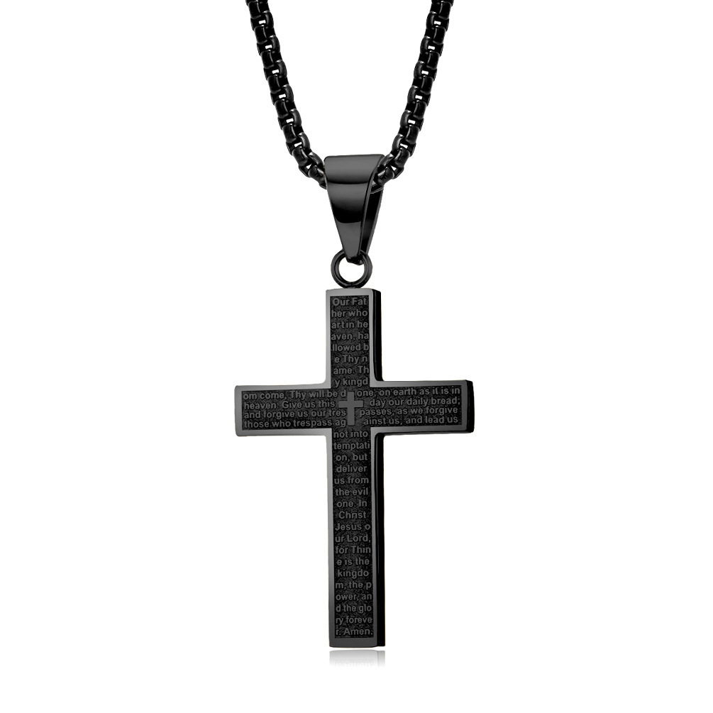 Classic Fine-Polished Stainless Steel Cross Pendant Titanium Steel Holy Bible Engraved Hip-Hop Style Necklace Gift