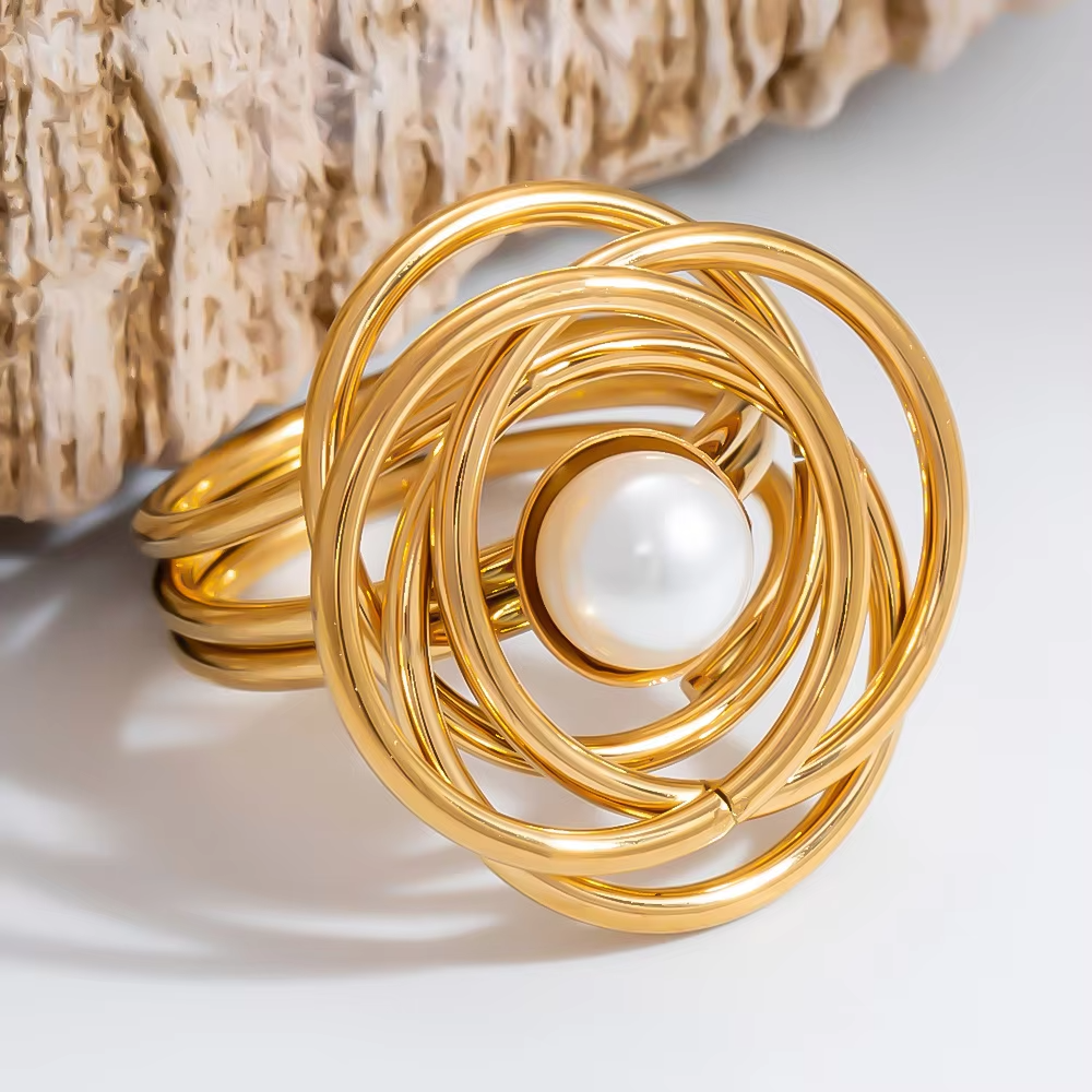 Classic Geometric Multi-Layer 18K Gold-Plated Stainless Steel Ring with Pearl Accent