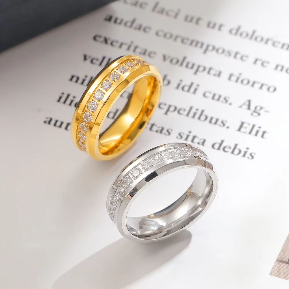 Classic Gold & Silver Titanium Steel Eternity Band with Cubic Zirconia – Wedding or Anniversary Fashion Ring