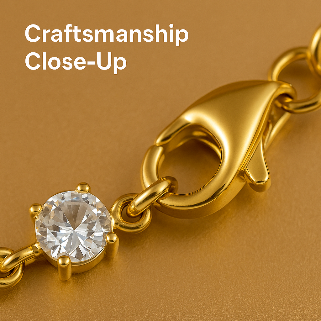 Close up of prong set stones and mirror polished stainless steel jewelry