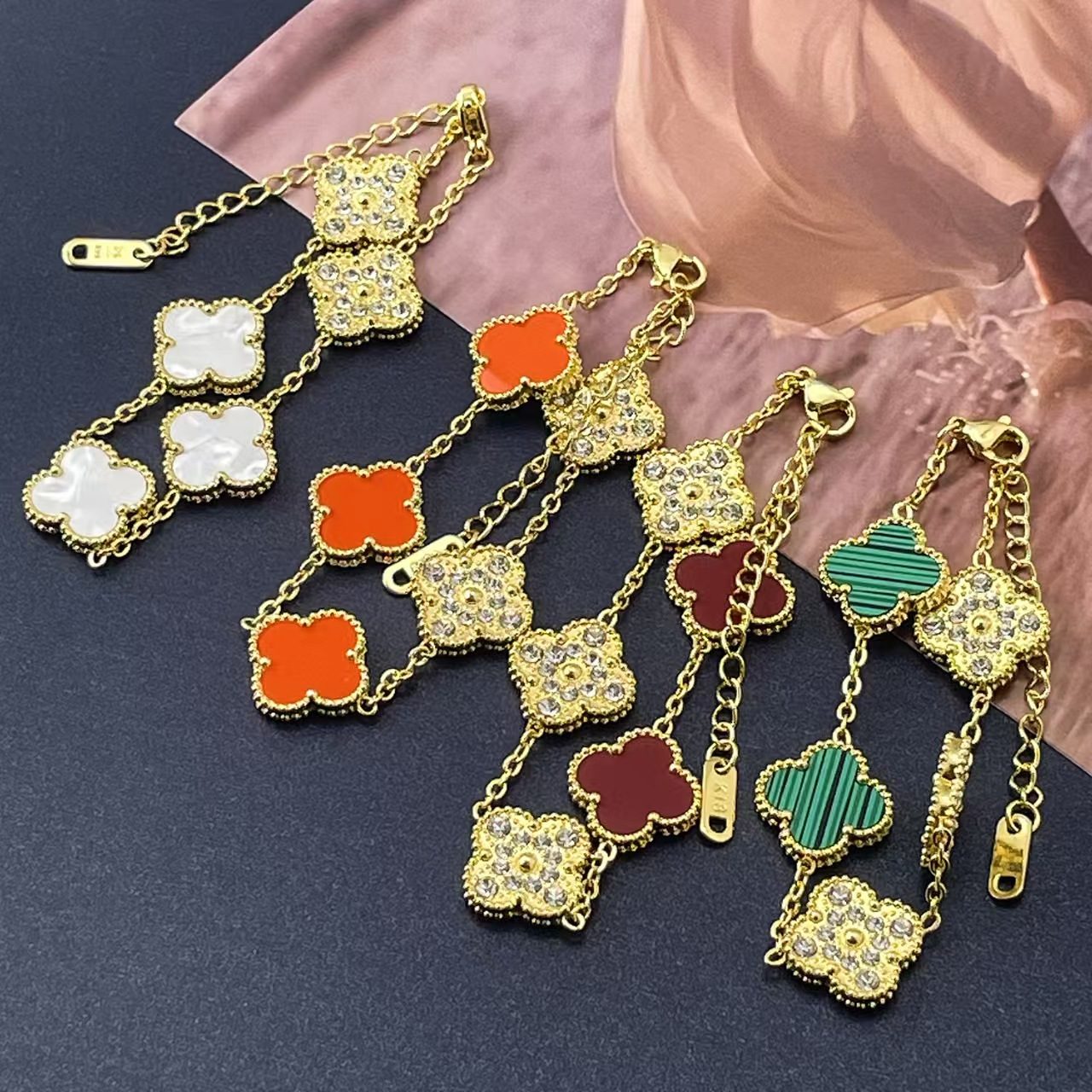 Clover Bracelet Gold Chain Inlaid with Crystals and Enamel - Van Cleef Style Four Leaf Charm Jewelry for Women Girls Fashion Elegant